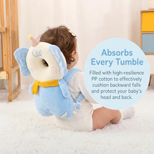 Image of Baby Head Protector Backpack - Soft & Lightweight Fall Cushion Backpack for Toddlers Walking and Crawling(Blue Elephant)