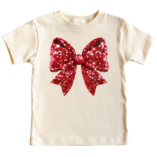 Red Holiday Bow Shirt for Toddlers and Girls Cute Faux Glitter Bow Winter Tee for Kids