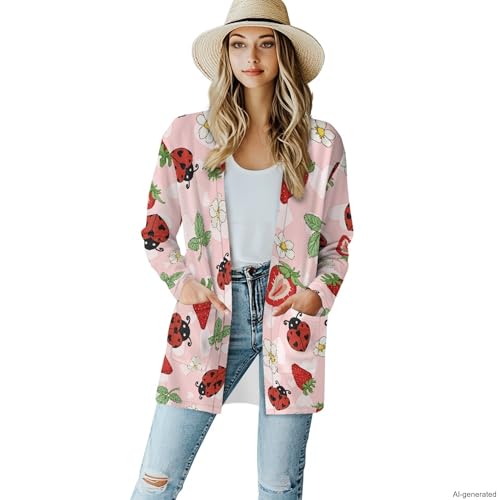 Image of Forchrinse Red Ladybug Cardigan for Women Causal Long Sleeve Open Front Cardigans Sweater Fashion 2024 Fall Coat with Pockets