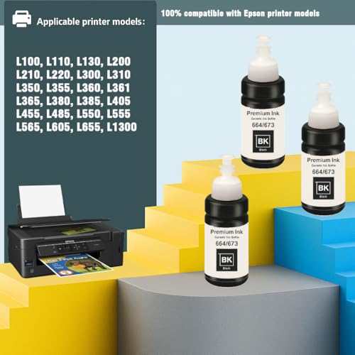 Image of KOSH T673 Refill Ink Compatible for Use in Epson L801, L805, L1800, L800, L810, L850, L1300, L605 Ink Tank Printers - 70 ML Each Bottle (3, Black Pack of 3)
