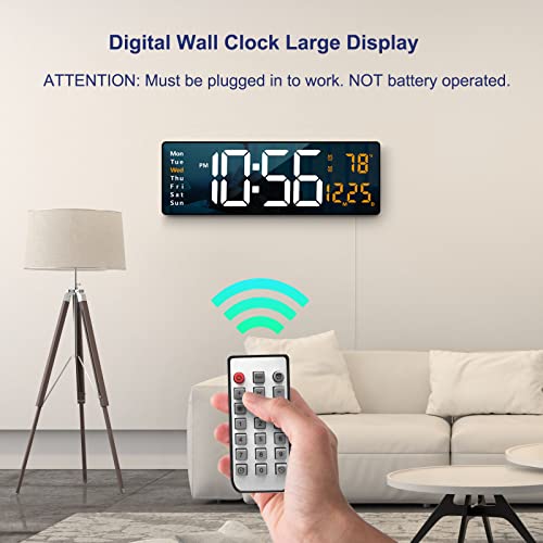 Abovsare Plastic Digital Wall Clock Large Display, 16.2 Inch Large Wall Clocks, Led Digital Clock With Remote Control /Automatic Brightness Dimmer Big Clock With Date Week Temperature (Orange)