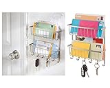 iDesign York Lyra Organizador de pared para cartas y llaves, portacartas con 2 cestas de metal y 6 ganchos cuelgallaves, plateado mate