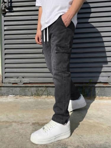 Image of JMIERR Men's Elastic Waist Cargo Jeans Stretch Denim Pants with Drawstring Straight Leg for Casual Daily Wear