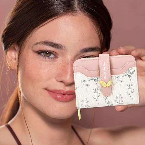 Image of Farcauo Cute Pink Flower Wallet for Women Small Kawaii Coin Purse with ID Window Compact Lightweight and Stylish Design Cash Wallet for Ladies