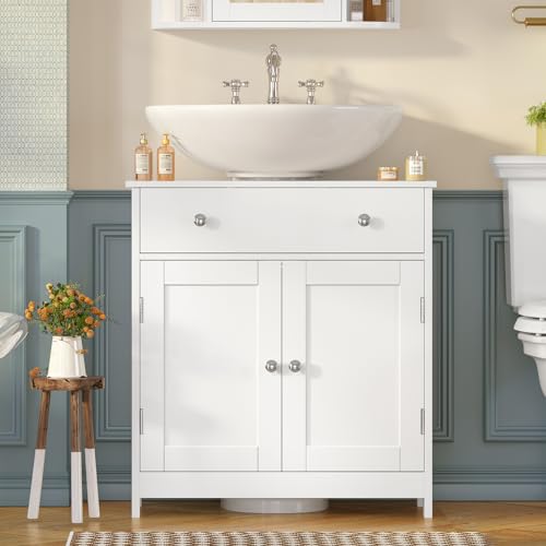 Image of TEENFON Pedestal Sink Storage Cabinet with 2 Doors and Drawer, Bathroom Sink Cabinet, Under Sink Storage with U-Shape Cut-Out, White