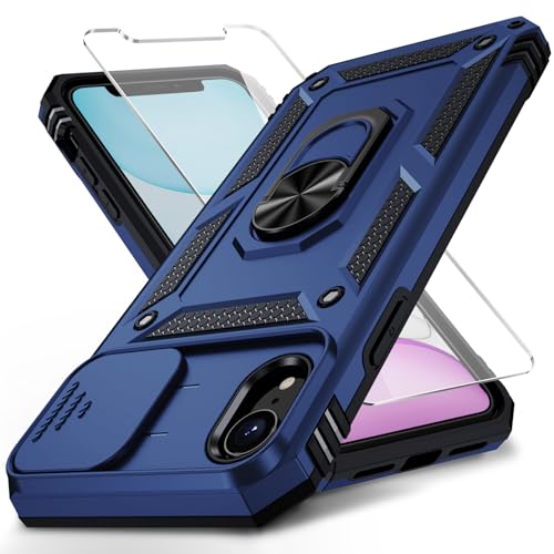 Weycolor for iPhone XR Case with Camera Lens Cover, HD Screen Protector, 10 FT Military Grade Drop Protection, Magnetic Ring Holder Kickstand Protective Phone Case, Navy Blue
