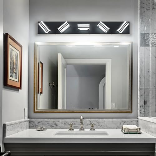Image of SOLFART LED Bathroom Lighting Fixtures - 5 Lights Modern Matte Black Acrylic Vanity Lights for Mirror 32inch 24W