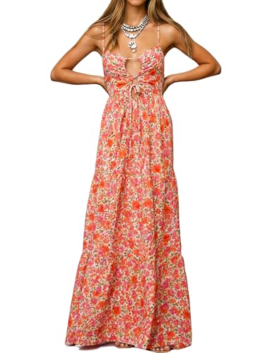 Image of Womens Summer Floral Spaghetti Strap Backless Low Cut Smocked Milkmaid Flowy Beach Sundresses