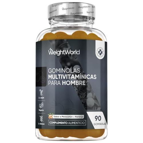 Multivitamínico Hombre con Minerales - 90 Gominolas Sabor Melocotón y Naranja - 14 Nutrientes Esenciales - Men Complex de Vitaminas B, Vitamina C, Calcio, Zinc Maca y Biotina - Vegano y Sin Gluten