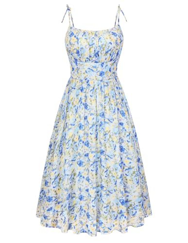 Belle Poque Blue Floral Dress for Women Spaghetti Strap Midi