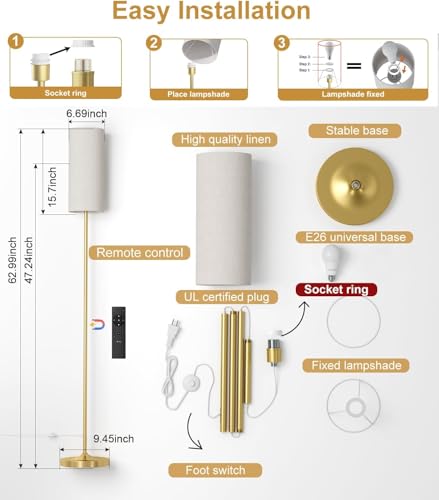 Image of luckystyle LED Floor Lamp for Living Room, Dimmable Standing Lamps with Foot Switch,Remote Custom Color Temperature Gold Pole Lamp with Lampshade,12W Led Bulb Tall Lamps for Bedroom Office Kid Room