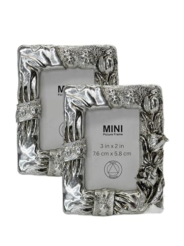 Mystic Romance Set of 2 Silver Picture Frames 3x2 – Vintage Photo Frames for Tabletop Display, Antique Style Decor Frames for Bedroom, Office, Living Room & Gallery Accent (Set 2-Tulips)