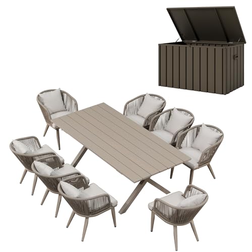 Image of PURPLE LEAF 9 Pieces Patio Dining Set with Storage Box Wicker Outdoor Furniture Rectangular Table and Chairs Set for Garden Deck Backyard Kitchen, Cushions and Pillows Included Champagne