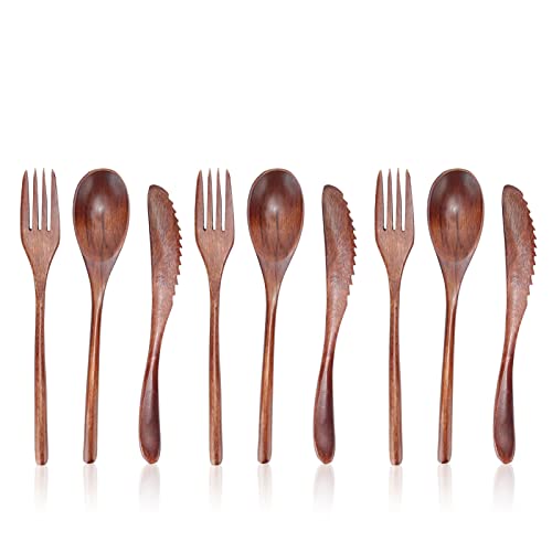 Set Cuchara Tenedor y Cuchillo de Madera, Utensilios de Madera para Comer Cubertería Reutilizable Set de Cubiertos Tenedores Cucharas de Sopa y Cuchillo para la cena