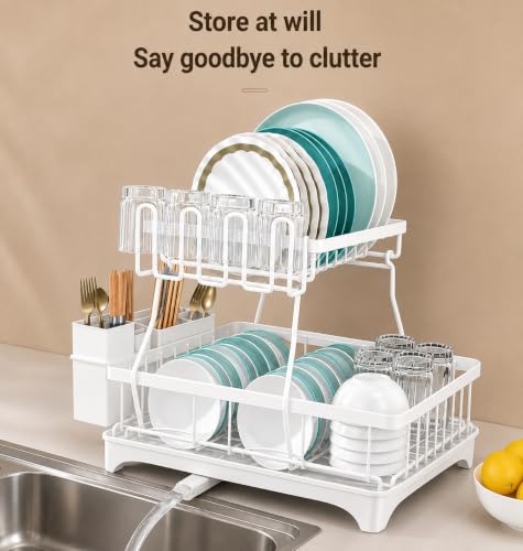 Image of HomeCloud 2-Tier Kitchen Dish Drying Rack & Drainer | Large Capacity Dish Stand with 360 Flexible Drainage System, Removable Drip Tray, Cutlery Holder & Cup Organizer for Countertop (White)