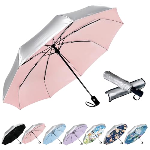 Image of SIEPASA Compact Travel Umbrella - Windproof Auto Open /Close, Small Folding Umbrella for Rain & Sun with UPF50+ - Lightweight Frame, Waterproof - Fits Backpack, Purse, Suitcase.(Silver /Pink)