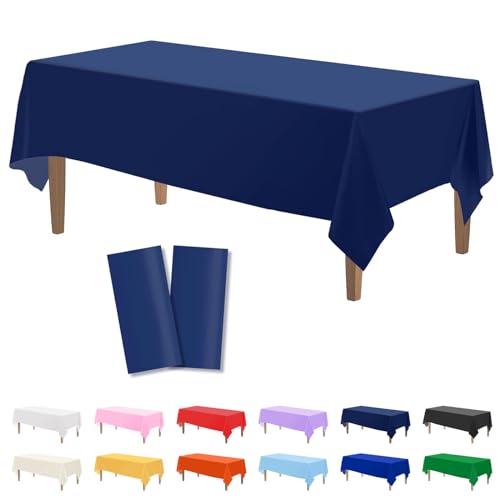 Image of Kopokita 2 Pack Navy Blue Plastic Tablecloths Disposable 54 x 108 Inch | Rectangle Table Cloths, Party Table Covers for Birthday, Picnic, Wedding, Graduation