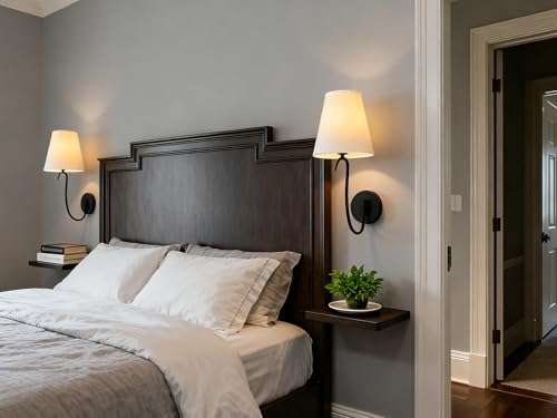 Image of Swan Neck Wall Sconce Fixture 1-Light with White Fabric Shade, Indoor Hardwired Rustic Boho Wall Light for Living Room Bedroom Bedside Nightstand Light