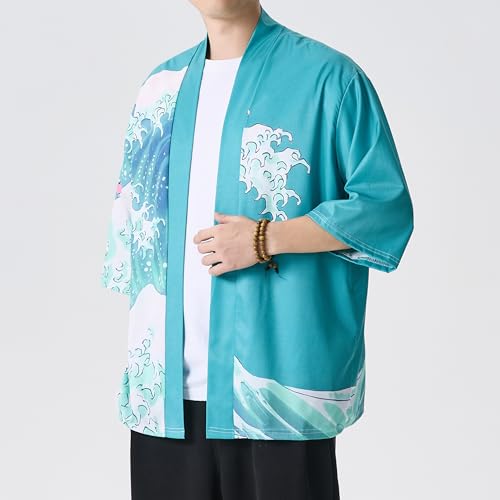 Image of Men's Japanese Kimono Robe Jacket Lightweight 3 /4 Sleeve Open Front Yukata | Silky Smooth Fashion Print Happi Coat Lightweight Breathable Loose Unisex Haori Casual Summer Cardigan Daily Beach Vacation