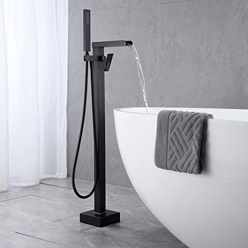 Waterfall-Tub-Filler-Freestanding-Bathtub-Faucet-Black-Floor-Mount-Brass-Single-Handle-Bathroom-Faucets-with-Hand-Shower Waterfall Tub Filler Freestanding Bathtub Faucet Black Floor Mount Brass Single Handle Bathroom Faucets with Hand Shower
