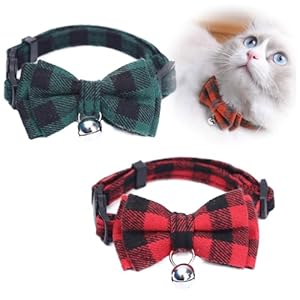 LJFEA Collier pour Chats avec Nœud Papillon et Hochets,Colliers à Boucle à Ouverture Rapide pour Chats et Chatons,Rouge et Vert