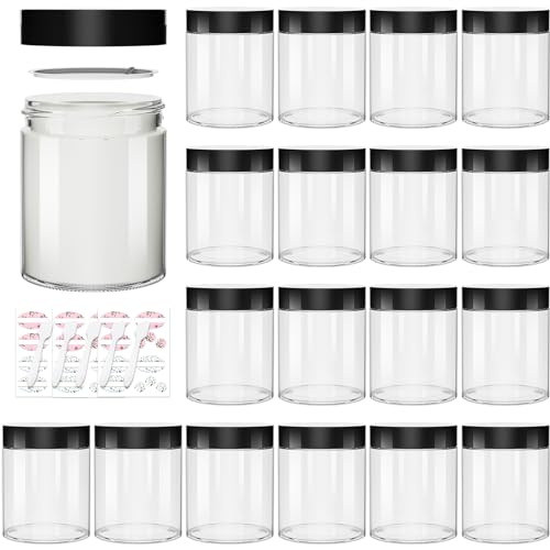 Keketin 8 oz Clear Glass Jars, 16 Pack Empty Cosmetic Jars with Black Lids, Multipurpose Glass Containers for Creams, Lotions, Makeup, Slime Making
