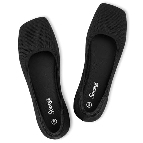 Soesyi Womens Wide Toe Box Mary Jane Flats Foldable Knit Ballet Shoes Comfortable Slip-on for Casual Office Travel Barefoot Flats Size 7.5Black