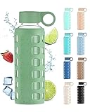 purifyou Premium 40/32 / 22/12 oz Glass Water Bottles with Volume & Times to Drink, Silicone Sleeve & Stainless Steel Lid Insert, Reusable Bottle for Fridge Water, Milk, Juice (12oz Shale Green)