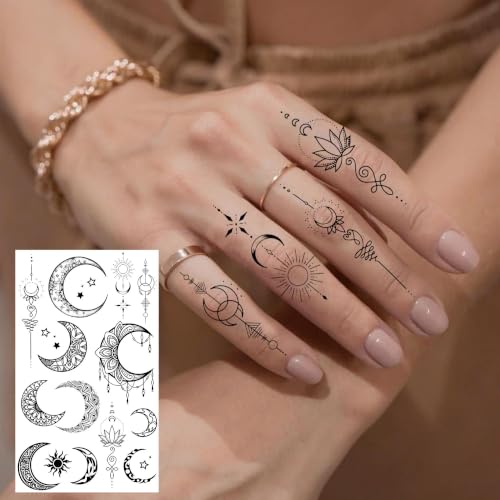 Image of Bilizar 20 Sheets Chic Crescent Moon Temporary Tattoos For Women Adults Finger Hand Neck Ear Tattoo Sticker, Realistic Black Floral Crescent Pendant Fake Jewelry Tattoos Long Lasting Waterproof Tatoos