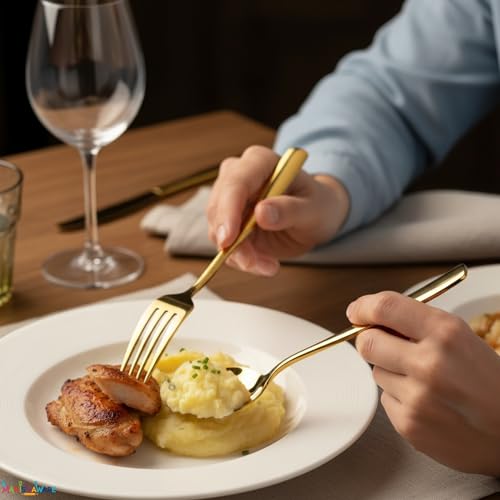 Image of Mirror Polished Gold 20 Pcs Stainless Steel Cutlery Set for Dining Table, Dishwasher Safe Glossy Flatware (5 Spoon Set + 5 Forks Set + 5 Butter Knife + 5 Dessert Spoon)
