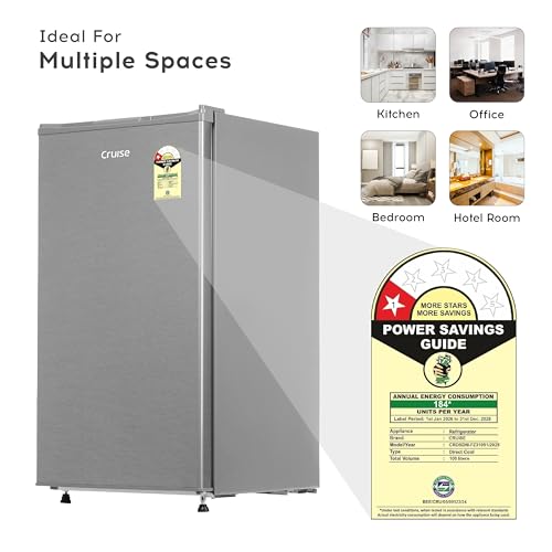 Image of Cruise 100 L Compact Minibar Refrigerator with Freezer - Direct Cool Technology (Single Door, Ideal for Bedroom, Hostels & Offices, 2026 Star Rating, Brushed Steel, CRDSDM-FZ31051S)