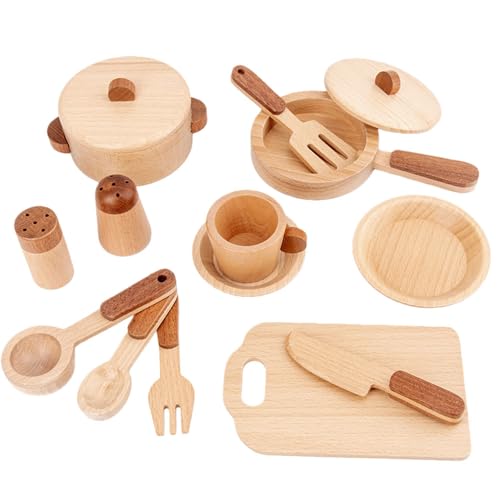 EHHE子供向け木製キッチンプレイセット、子供用オリジナル木製カラーの果物と野菜のカットゲーム、シミュレーションハウスカットゲーム、キッチン用品の果物と野菜の認識、木製おもちゃ知育玩具 安全素材 親子で楽しめる リアルなデザイン (ナチュラルウッドキッチン