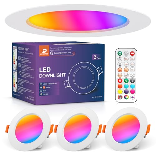 DUSKTEC Spot LED Encastrable RGB avec Télécommande, Lot de 3, IP44 Spots LED de Plafond Couleur Blanc, 7W Éclairage Encastré pour Salle de Bain Cuisine Couloir, Trou...