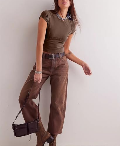 Aimiray Women's Y2k Basic Tees Short Sleeve Fitted Baby Tees Slimming White Cute Crop Tops Summer Tight Shirts4