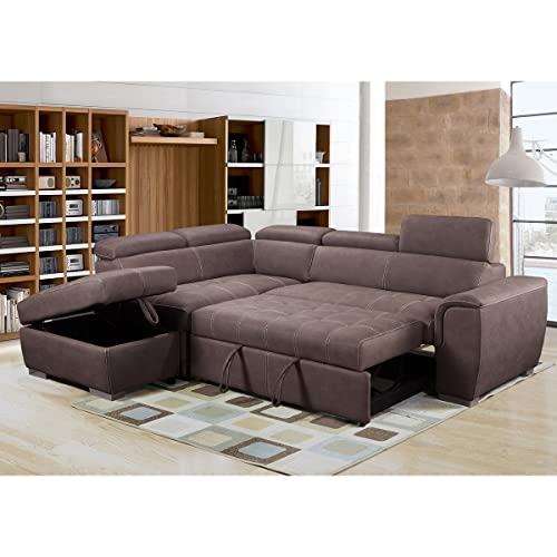 Furnishings For Less UK Corner Sofa Bed | Nevada Large Brown L Shaped Suede Mushroom | Tilting Headrest and Storage Ottoman Included (Left Hand Facing + Ottoman)