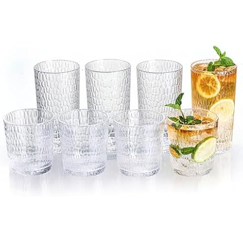 MIYOPESI 15oz and 22oz Clear Acrylic Glasses Drinkware (Set of 8), Honeycomb Stackable Shatter-Proof Plastic Tumblers, Reusable Plastic Drinking Glasses, BPA-Free, Dishwasher-Safe Cover