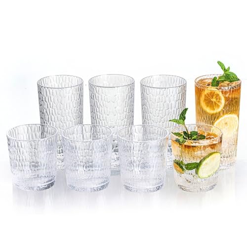 MIYOPESI 15oz and 22oz Clear Acrylic Glasses Drinkware (Set of 8), Honeycomb Stackable Shatter-Proof Plastic Tumblers, Reusable Plastic Drinking Glasses, BPA-Free, Dishwasher-Safe
