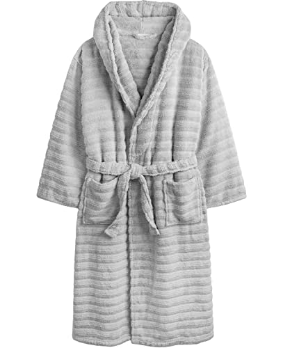 Weave Essentials Terry Towelling Bathrobe - 100% Combed Cotton, Striped & Ribbed Hooded Dressing Gown for Men & Women, Plush & Premium Bathrobes with 2 Pockets & Wrap Belt | Pastel Grey