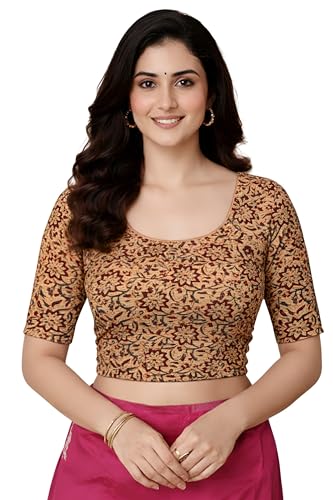 Image of Amazon Brand - Anarva Women's Kalamkari Print Cotton Stretchable Round Neck Readymade Saree Blouse