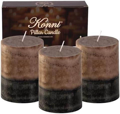 KONNI Coffee Layered Pillar Candles Set of 3, 3"x 4" Unscented Pi...