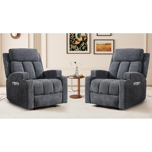 CANMOV Manual Massage Heat Recliner Chair Set of 2,Soft Fabric Recliner Chair with Overstuffed Arm and Back, Manual Reclining Single Sofa with 2 Cup Holders, Side Pocket for Living Room,Dark Grey