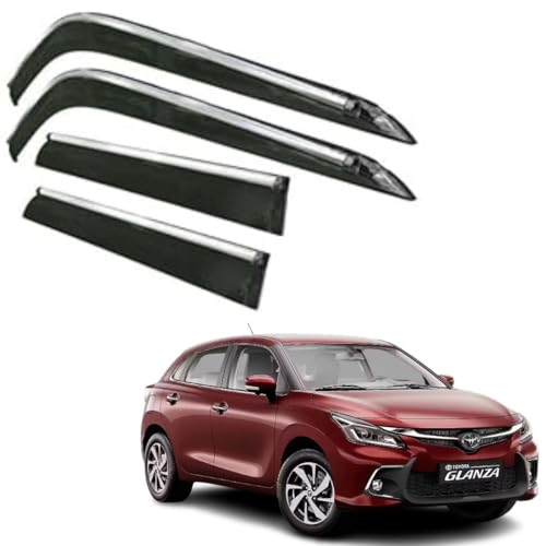 Image of CAR SAAZ Side Door Visors for Glanza (2022-Present)(Set of 4Pcs)|Chrome Lined Rain Guards, Polycarbonate, Smoke Finish