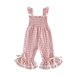 Toddler Baby Girl Summer Clothes Ruffle Sleeveless Smocked Romper One Piece Jumpsuit Suspender Pants Cute Outfit (Flared Pink Plaid, 12-18 Months)