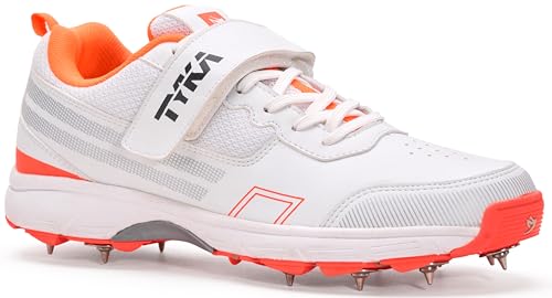 TYKA Cricket Shoes Spikes for Men | Synthetic PU Upper | Genuine Rubber and Phylon Sole | Lace Closure | Field Sports Shoes | Grip Support | Practice & Match Play | White - Floro Orange- UK-11