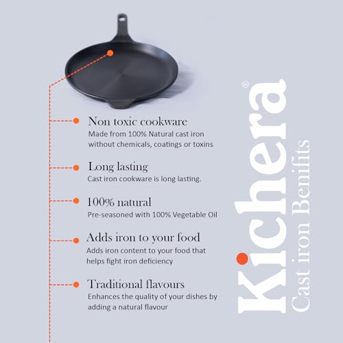 Image of Kichera Premium Cast Iron Frying Pan Pre-Seasoned with Long Handle | Naturally Non-Stick 10 Inch Omelette Pan | Cast Iron Multipurpose Skillet for Eggs, Pancakes, Dosas, Roasting & Everyday Cooking