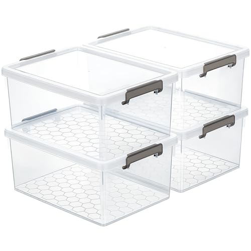 Citylife 33 Qt Ultra-Thick Plastic Clear Storage Bins with Lids, 4-Pack | Heavy-Duty Straight-Wall Plastic Bins with Honeycomb Base and Pinch-Free Latches for Closets, Garages, and Decor, BPA-Free