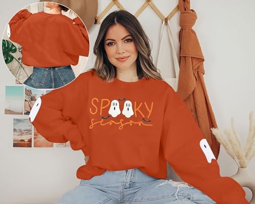 Spooky Season Sweatshirt Women Embroidered Halloween Sweatshirt Ghost Crewneck Fall Sweater Pullover Top2