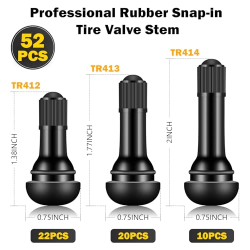 Image of Tire Valve Stems Rubber Black Rubber Snap-in Valves,Tubeless Valve Stems Suit for 0.453 inch Rim Holes on Standard Vehicle Tires (52pcs（TR412-22pcs、TR413-20pcs、TR414-10pcs）)