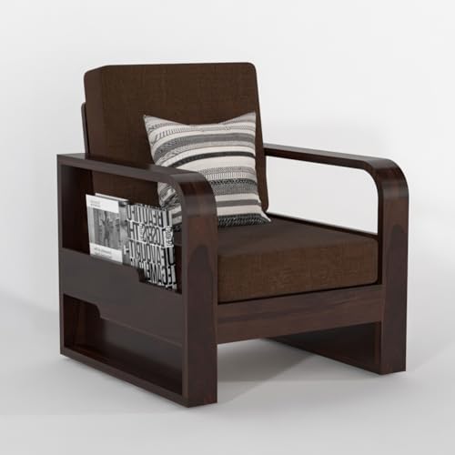 Image of Sheesham Wooden 1 Seater Sofa for Living Room | Solid Wood Sofa with Side Pocket Storage & Cushion | Rosewood Sofa Set for Home & Office | Lounge (Walnut with Brown Cushion, 1 Seater)