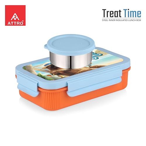 Image of ATTRO Treat Time Stainless Steel Insulated Lunch Box with Inner Steel Body, Airtight 4-Side Lock Lid, Leakproof Silicone Seal, Small Container-560ml+150ml-Relax Bear Blue Orange